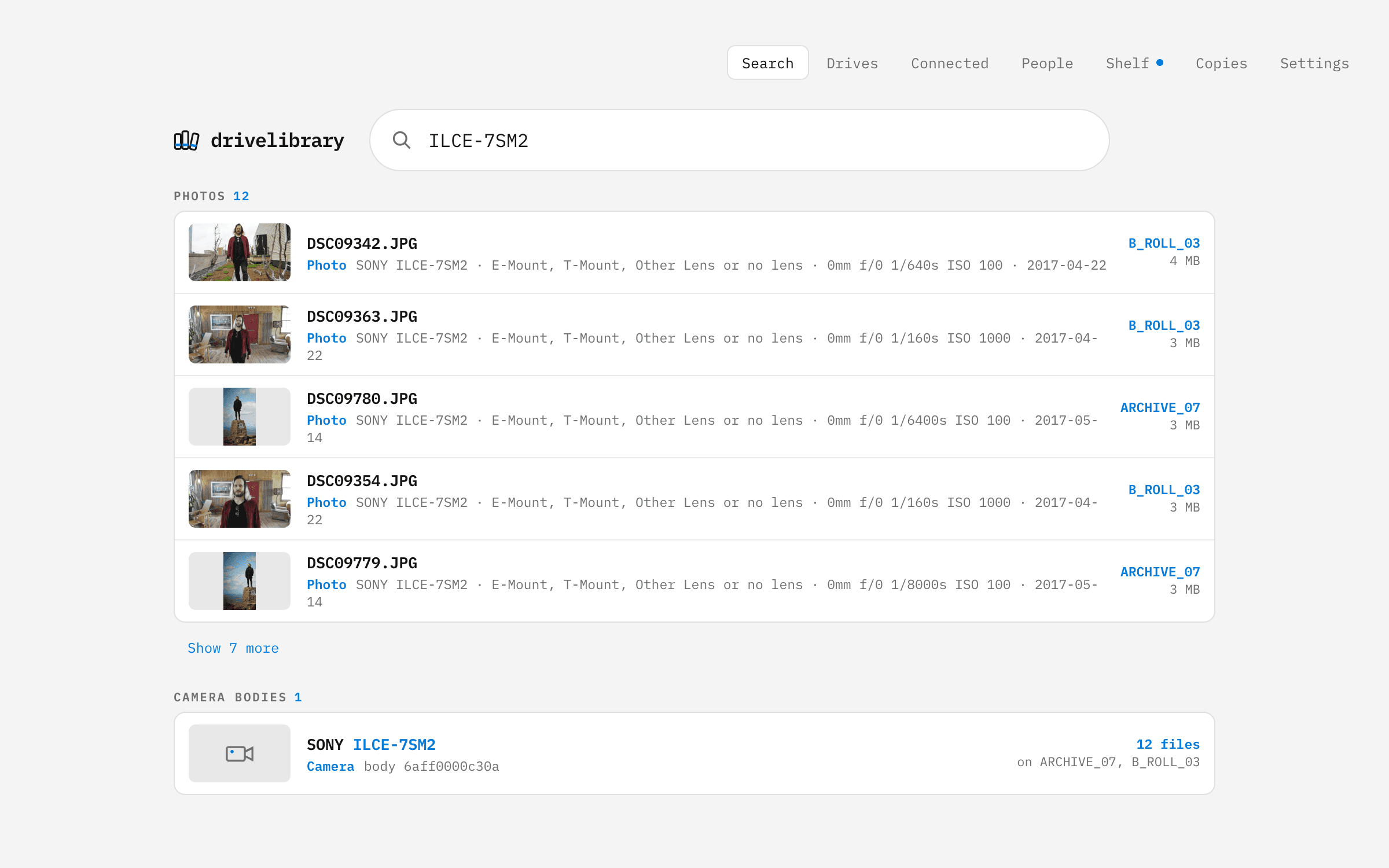 DriveLibrary: A search for one camera body: every photo it took, with lens, shutter and ISO