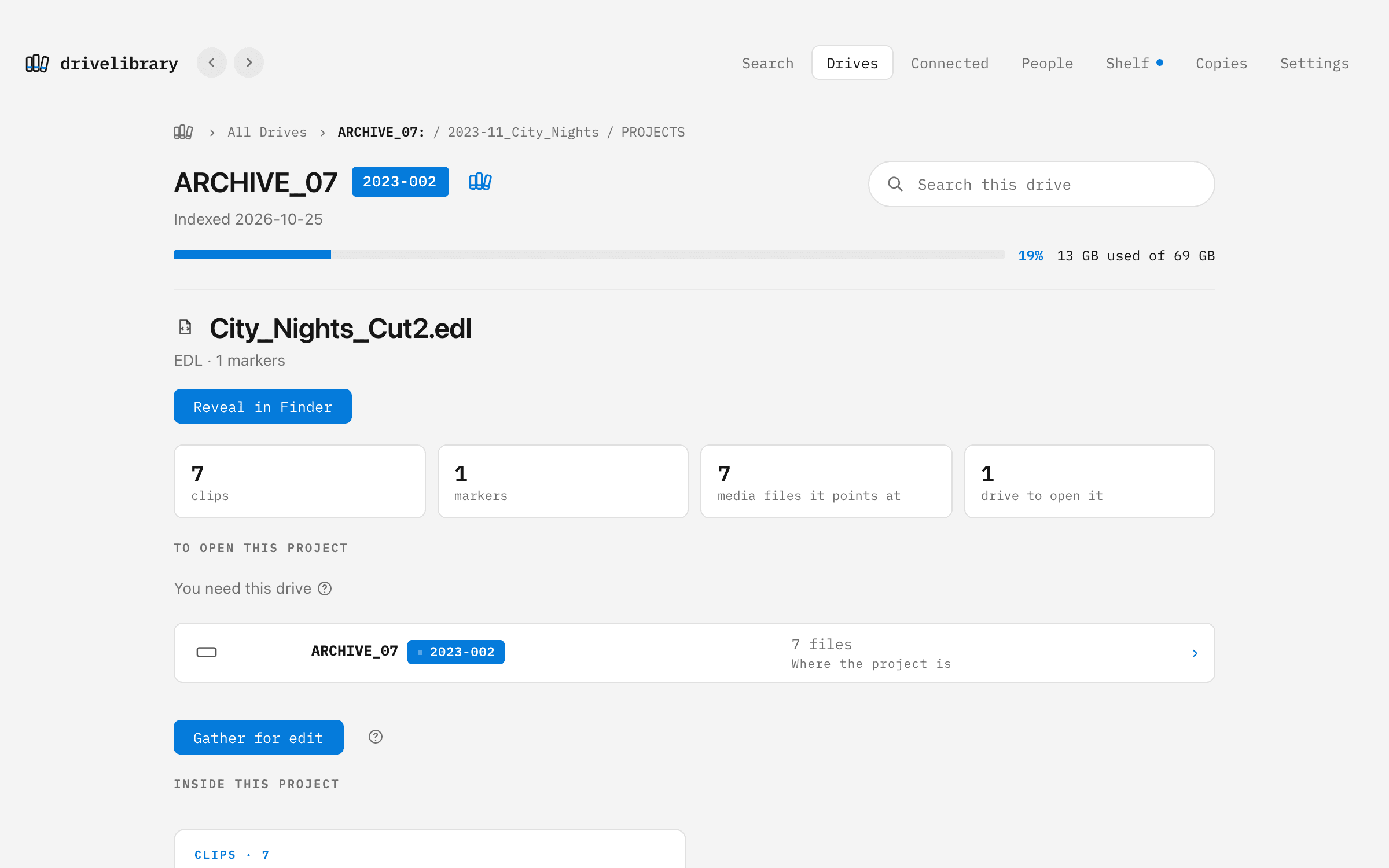 DriveLibrary: An EDL opened: its clips, markers and the drive it needs