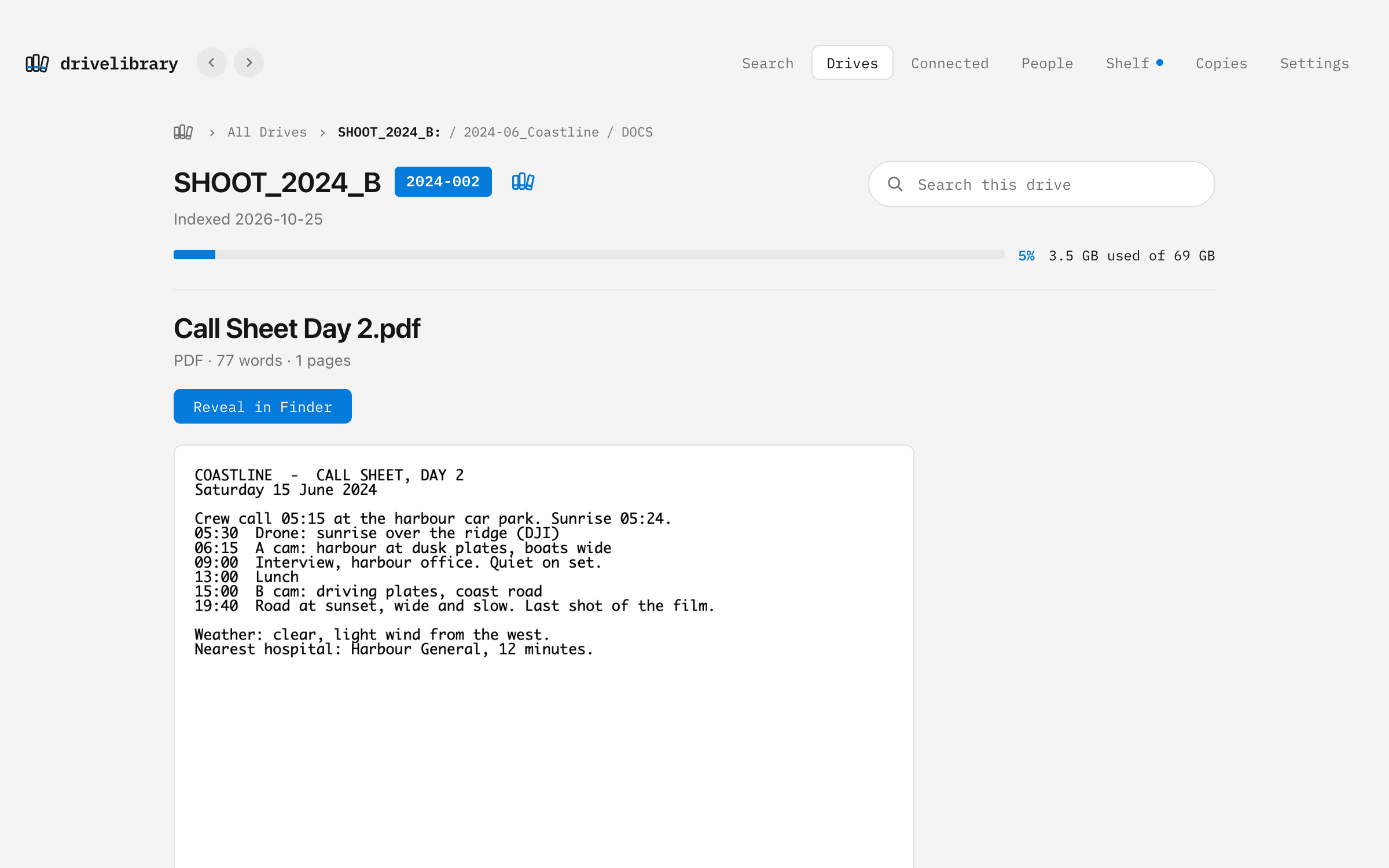 DriveLibrary: The words inside a call sheet PDF, read and searchable