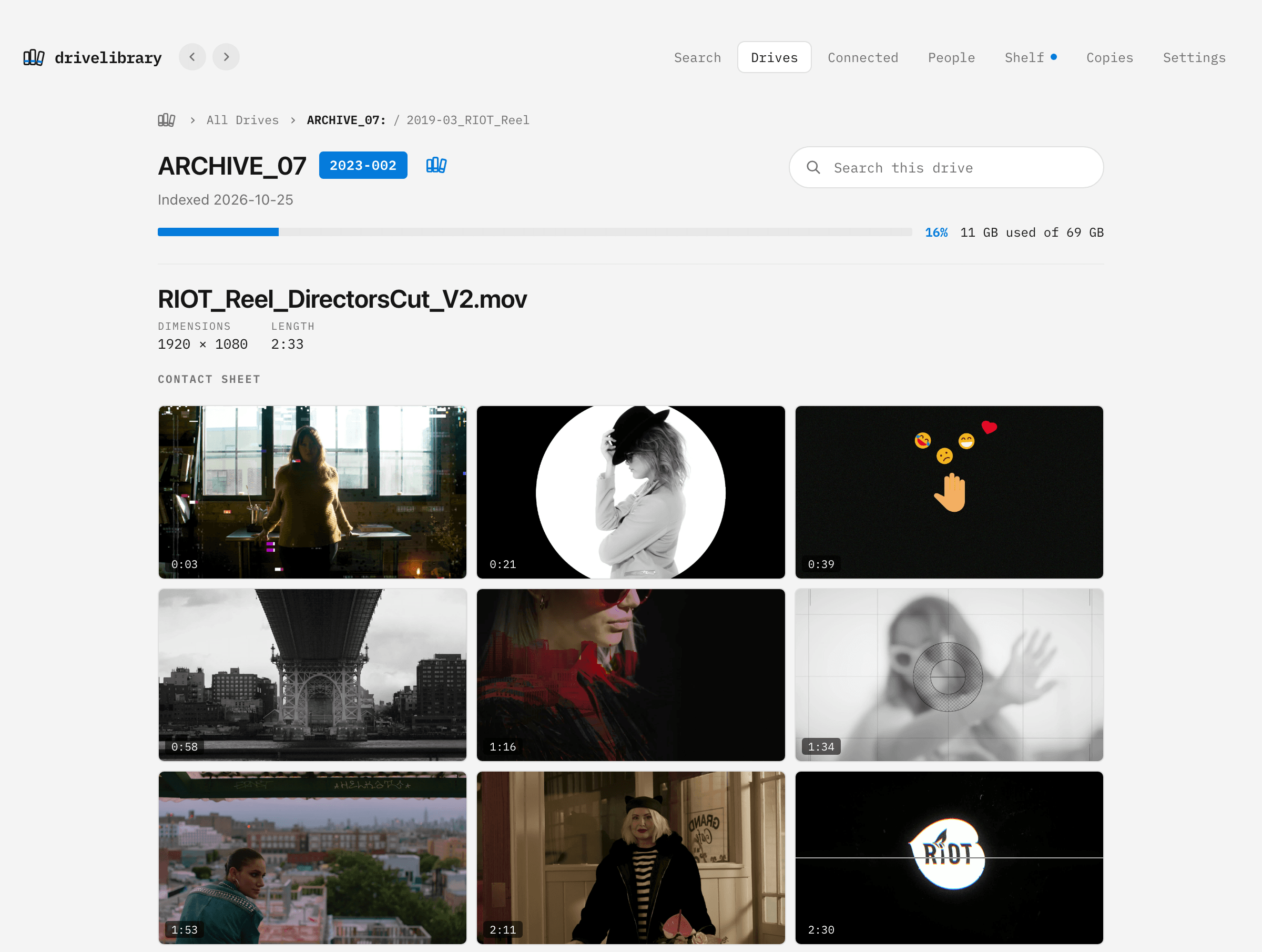 DriveLibrary: Nine frames from every clip, with the drive on the shelf